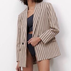 Zara Beige Striped Oversized  Double Breasted Full Cut Blazer XS
